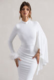 Tamika White High-Neck Cape-Sleeve Midi Dress With Feathers