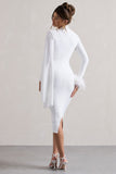 Tamika White High-Neck Cape-Sleeve Midi Dress With Feathers
