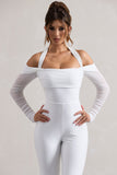 Shannon White Ruched Halter-Neck Flared-Leg Jumpsuit