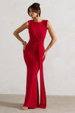 Kadie Red Sleeveless Gathered Maxi Dress With Drape