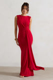 Kadie Red Sleeveless Gathered Maxi Dress With Drape