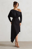 Lori Black Asymmetric Long-Sleeve Maxi Dress