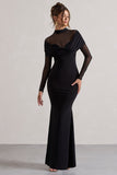 Tasha Black Mesh High-Neck Long-Sleeve Maxi Dress