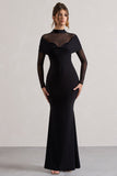 Tasha Black Mesh High-Neck Long-Sleeve Maxi Dress