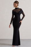 Tasha Black Mesh High-Neck Long-Sleeve Maxi Dress
