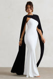 Vianna White Strapless Maxi Dress With Black Cape