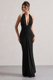 Payton Black Ruched Halter-Neck Maxi Dress