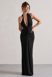 Payton Black Ruched Halter-Neck Maxi Dress