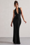 Payton Black Ruched Halter-Neck Maxi Dress