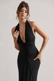Payton Black Ruched Halter-Neck Maxi Dress