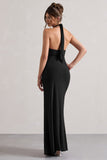 Payton Black Ruched Halter-Neck Maxi Dress