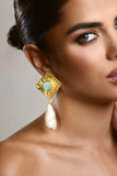 Tropic Gold Square Drop Earrings With Crystal Pendant