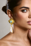 Tropic Gold Square Drop Earrings With Crystal Pendant