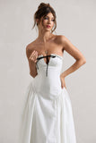 Serrenti White Poplin Strapless Lace Detail Midi Dress With Volume Skirt