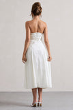 Serrenti White Poplin Strapless Lace Detail Midi Dress With Volume Skirt