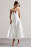 Serrenti White Poplin Strapless Lace Detail Midi Dress With Volume Skirt
