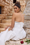 Serrenti White Poplin Strapless Lace Detail Midi Dress With Volume Skirt