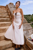 Serrenti White Poplin Strapless Lace Detail Midi Dress With Volume Skirt
