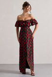 Lenna Black & Red Floral Bardot Buttoned Split Maxi Dress