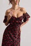 Lenna Black & Red Floral Bardot Buttoned Split Maxi Dress