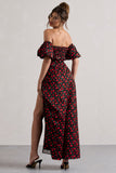 Lenna Black & Red Floral Bardot Buttoned Split Maxi Dress
