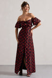 Lenna Black & Red Floral Bardot Buttoned Split Maxi Dress