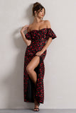 Lenna Black & Red Floral Bardot Buttoned Split Maxi Dress