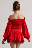 Salara Red Ruched Bardot Top With Balloon Sleeves