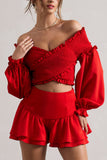 Salara Red Ruched Bardot Top With Balloon Sleeves