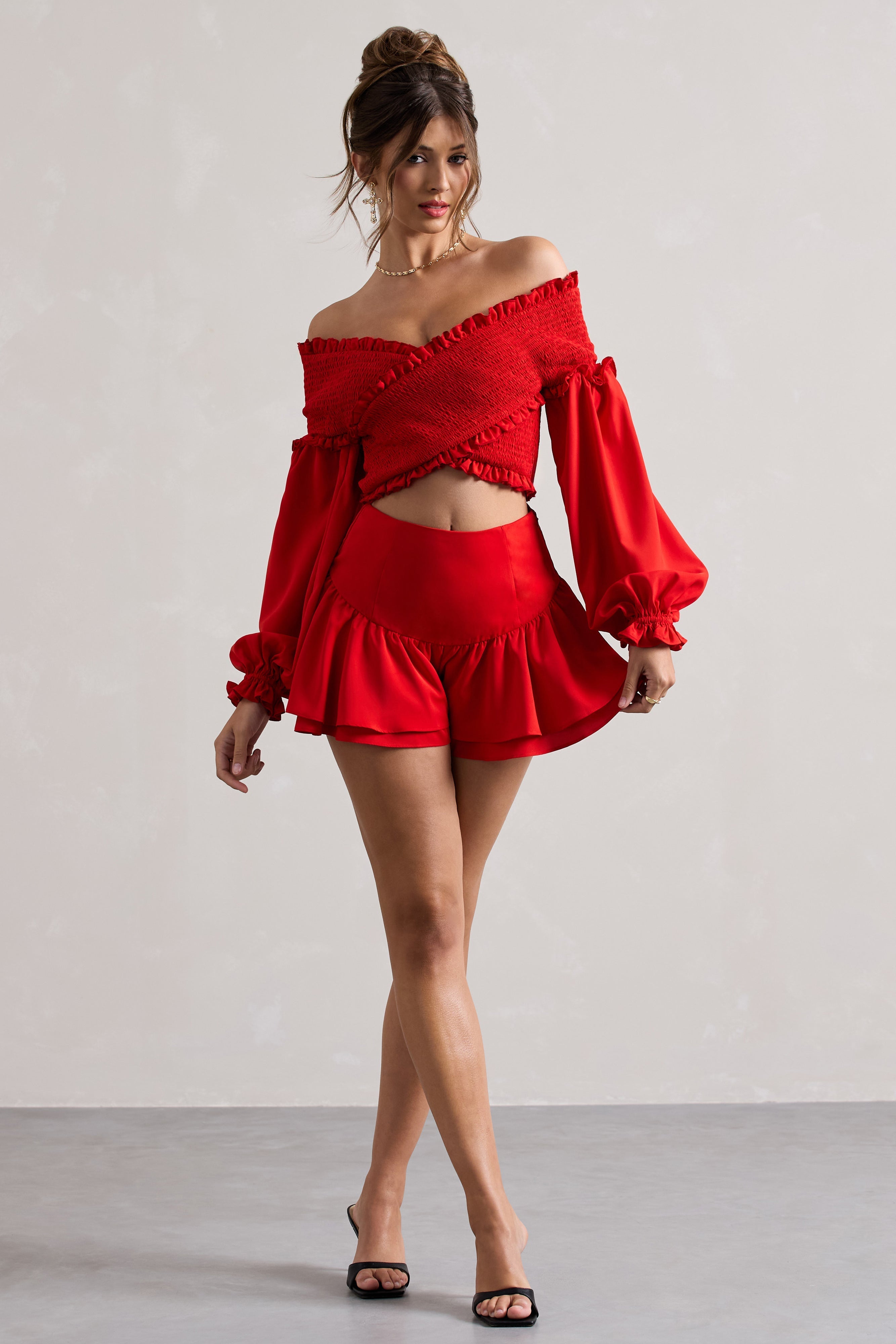 Rossana Red Tiered Frilled Shorts