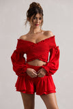 Salara Red Ruched Bardot Top With Balloon Sleeves
