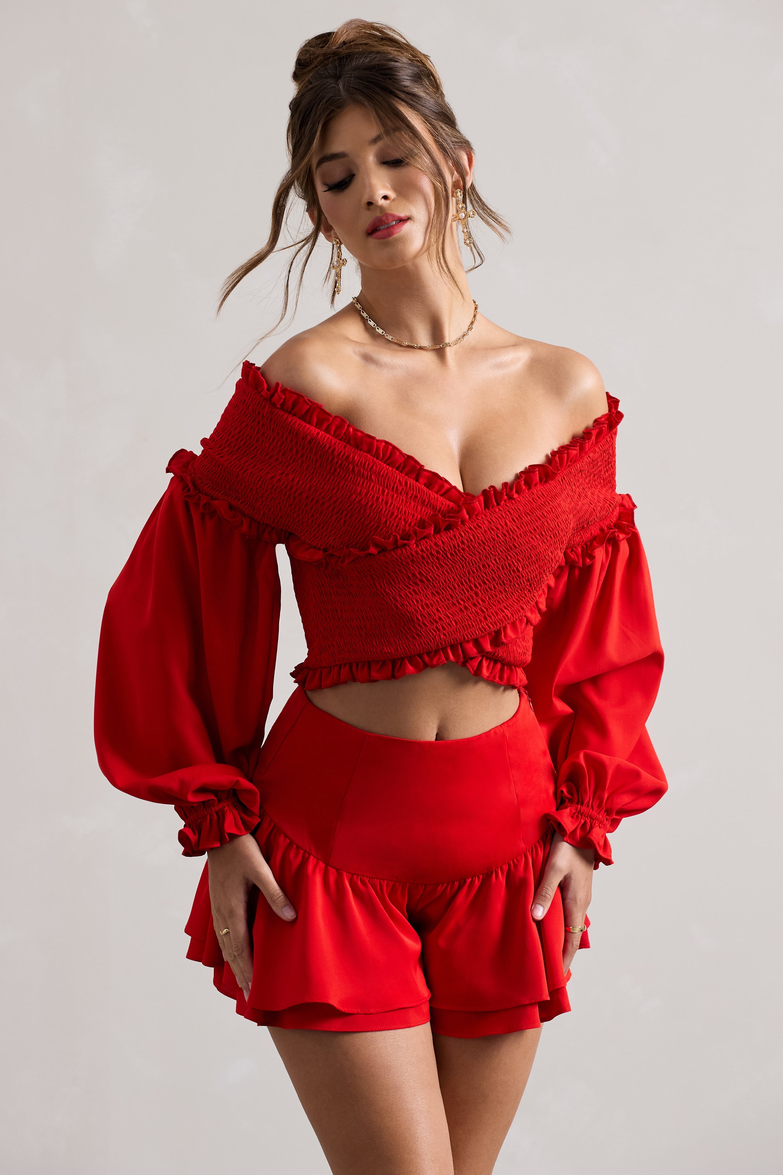 Salara Red Ruched Bardot Top With Balloon Sleeves