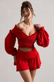 Salara Red Ruched Bardot Top With Balloon Sleeves