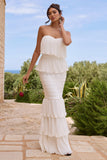 Catera White Strapless Layered Ruffle Maxi Dress