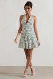 Verde Polka Dot V-Neck Ruched Mini Dress With Flared Hem