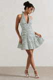 Verde Polka Dot V-Neck Ruched Mini Dress With Flared Hem