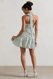 Verde Polka Dot V-Neck Ruched Mini Dress With Flared Hem