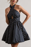Levie Navy Polka Dot Halter-Neck Mini Dress