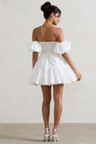 Lani White Poplin Bardot Tiered Mini Dress With Puff Sleeves