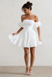 Lani White Poplin Bardot Tiered Mini Dress With Puff Sleeves