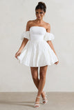 Lani White Poplin Bardot Tiered Mini Dress With Puff Sleeves
