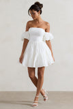 Lani White Poplin Bardot Tiered Mini Dress With Puff Sleeves