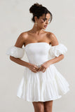 Lani White Poplin Bardot Tiered Mini Dress With Puff Sleeves