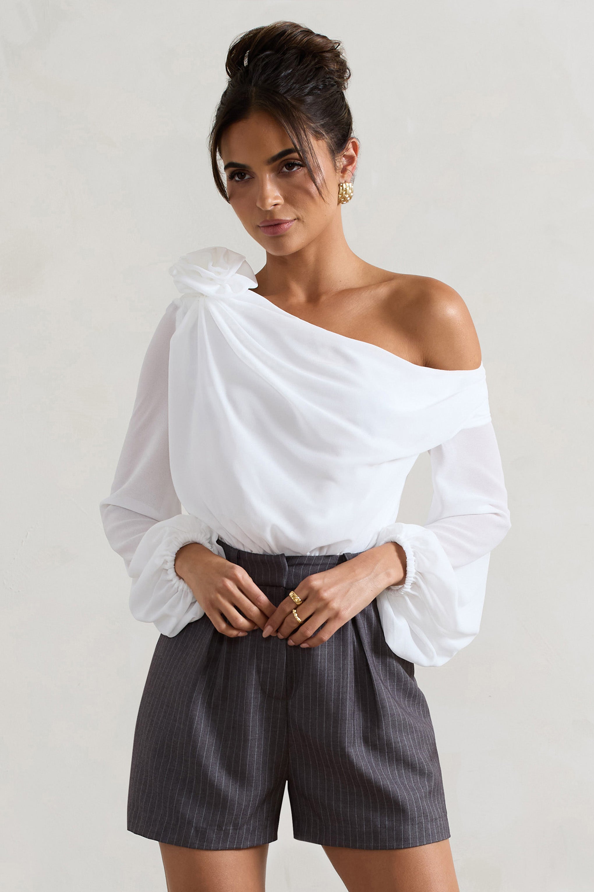 Violeta White One-Shoulder Puff-Sleeve Bodysuit With Corsage