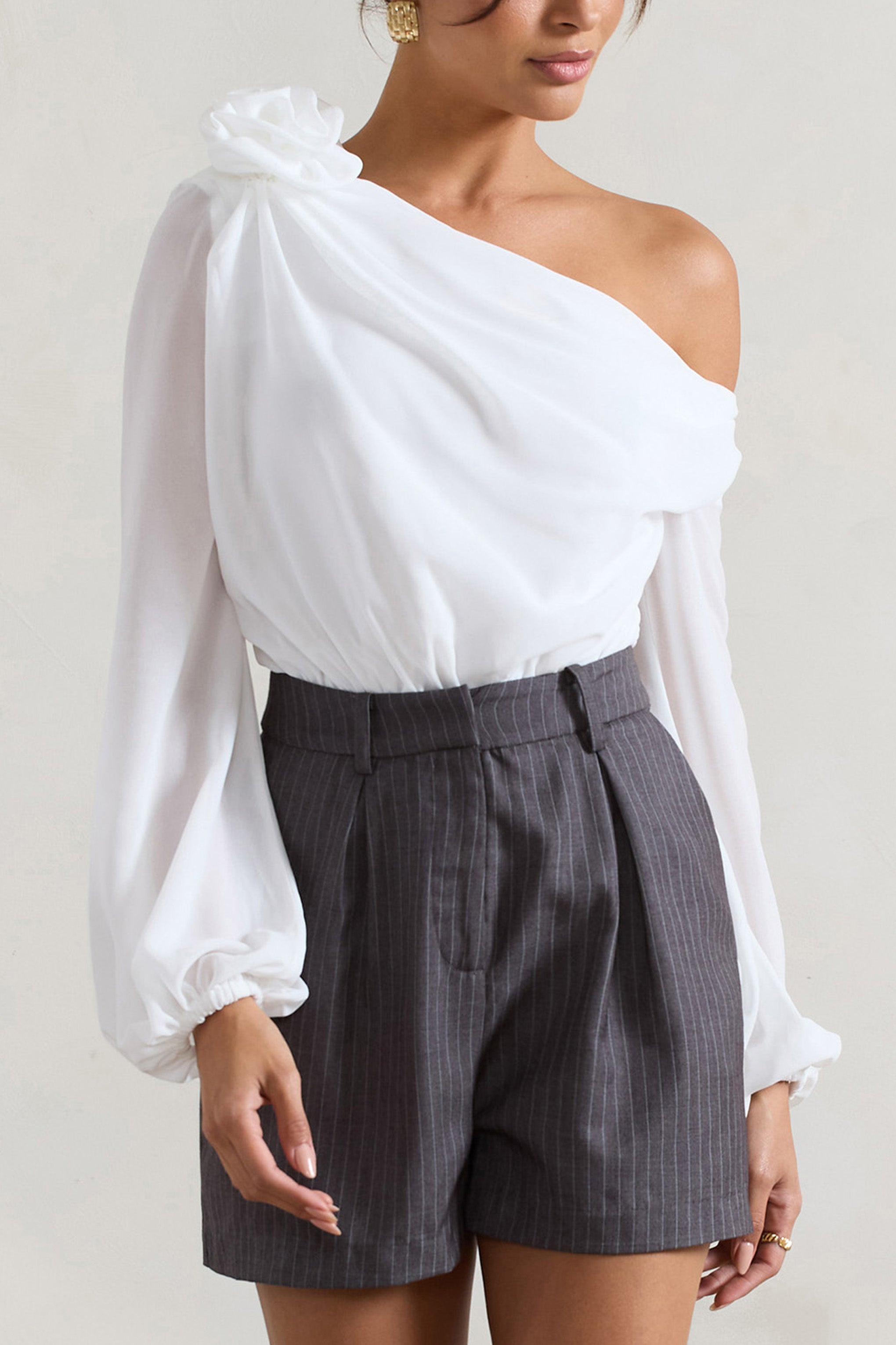 Violeta White One-Shoulder Puff-Sleeve Bodysuit With Corsage