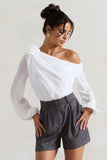 Violeta White One-Shoulder Puff-Sleeve Bodysuit With Corsage