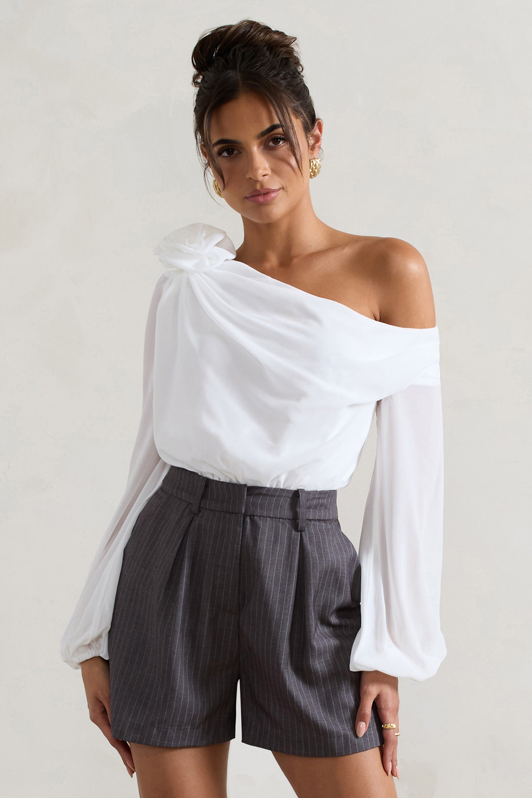 Violeta White One-Shoulder Puff-Sleeve Bodysuit With Corsage