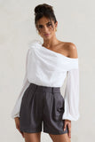 Violeta White One-Shoulder Puff-Sleeve Bodysuit With Corsage