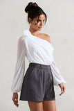Violeta White One-Shoulder Puff-Sleeve Bodysuit With Corsage