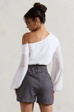Violeta White One-Shoulder Puff-Sleeve Bodysuit With Corsage
